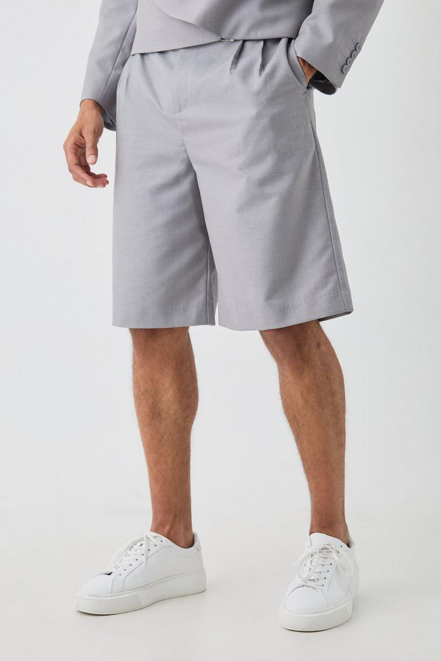 Fixed Waistband Tailored Pleated Jorts In Grey