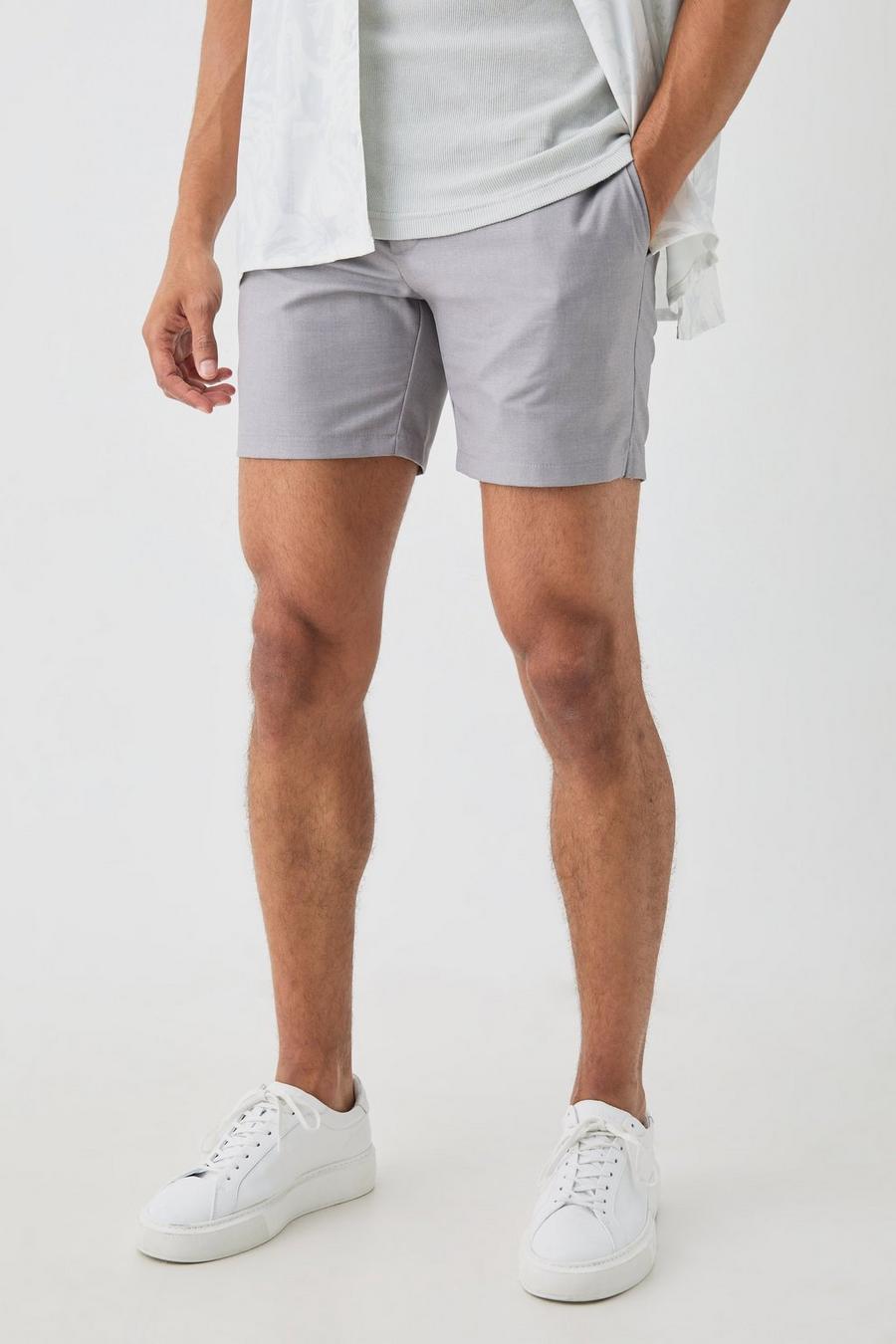 Tailored Slim Fit Fixed Waist Stretch Shorts In Grey