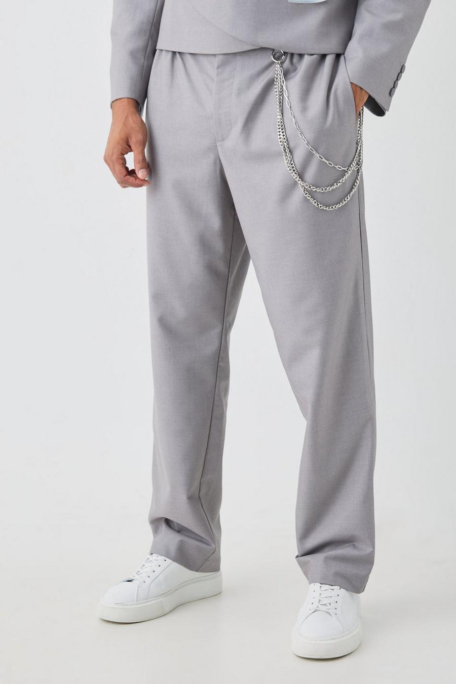 Pantalón entallado holgado con cadena en gris, Grey image number 1