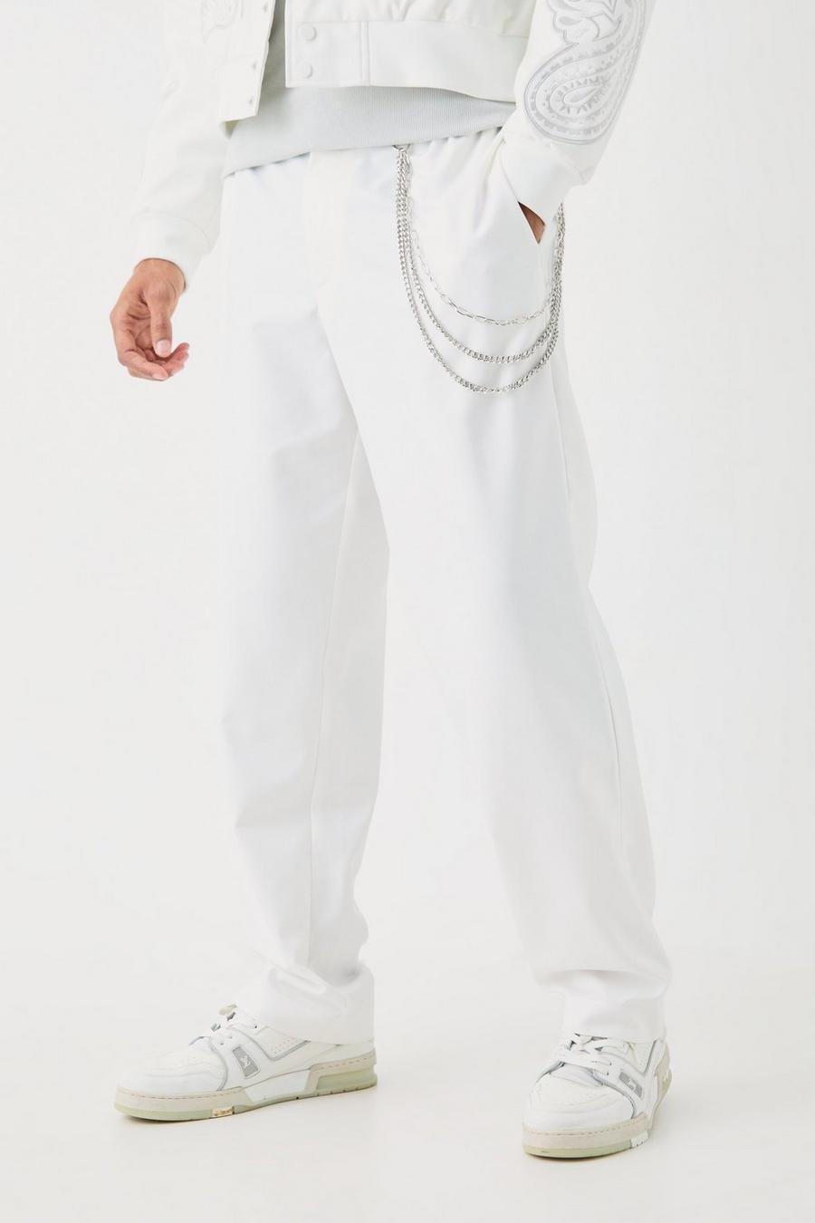Pantalón entallado holgado con cadena en blanco, White