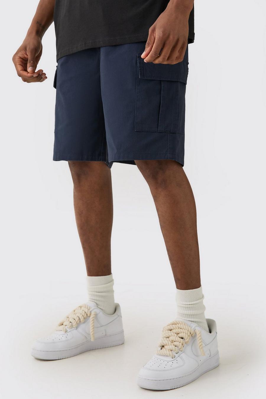 Navy Tall Elasticated Waist Relaxed Fit Cargo Shorts image number 1