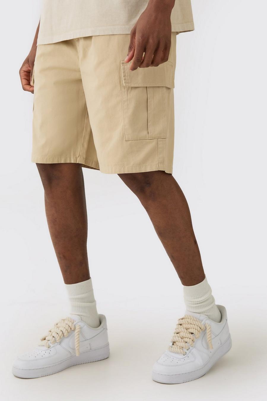 Stone Tall Elasticated Waist Relaxed Fit Cargo Shorts image number 1