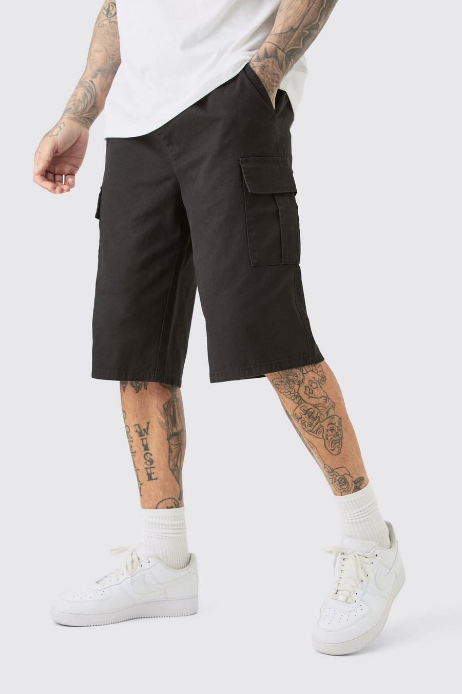 Black Tall Elasticated Waist Relaxed Fit Cargo Jorts image number 1