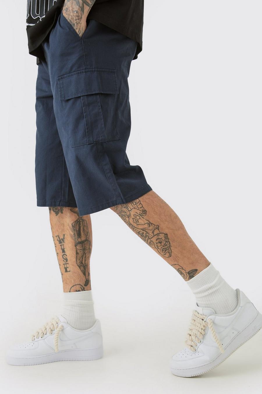 Navy Tall Elasticated Waist Relaxed Fit Cargo Jorts image number 1