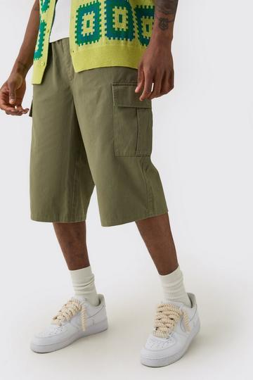 Tall Lange Kaki Baggy Cargo Shorts Met Elastische Taille khaki