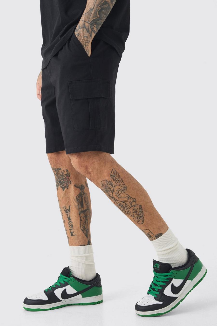 Tall Elasticated Waist Black Slim Fit Cargo Shorts