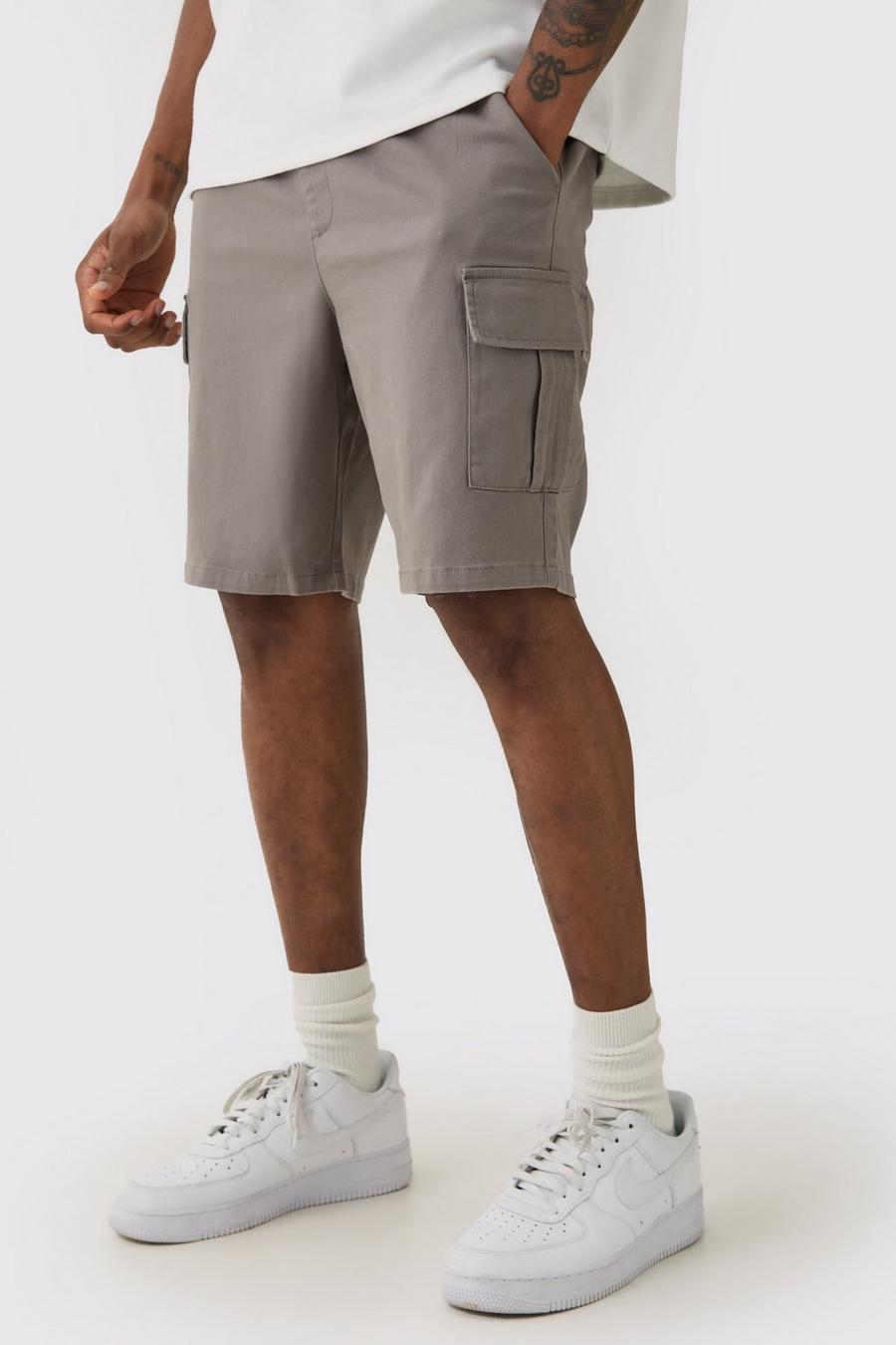 Grey Tall Elasticated Waist Slim Fit Cargo Shorts