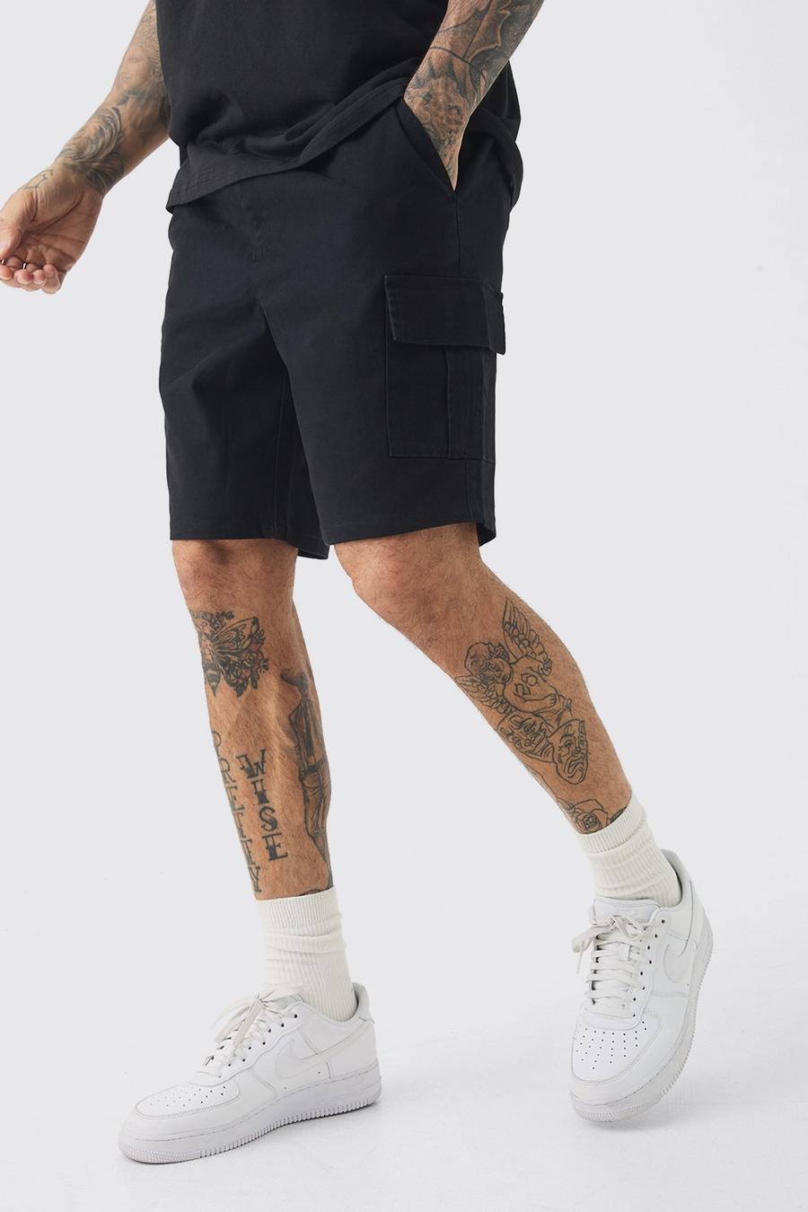 Tall Elasticated Waist Black Skinny Fit Cargo Shorts