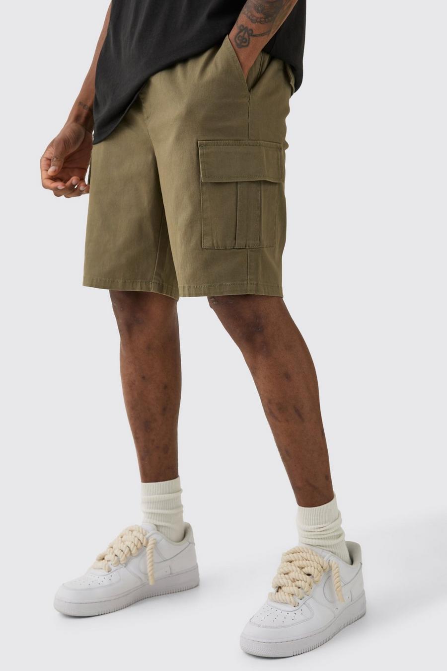 Khaki Tall Elasticated Waist Skinny Fit Cargo Shorts image number 1