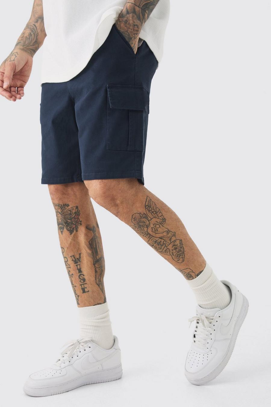 Tall Elastic Waist Navy Skinny Fit Cargo Shorts