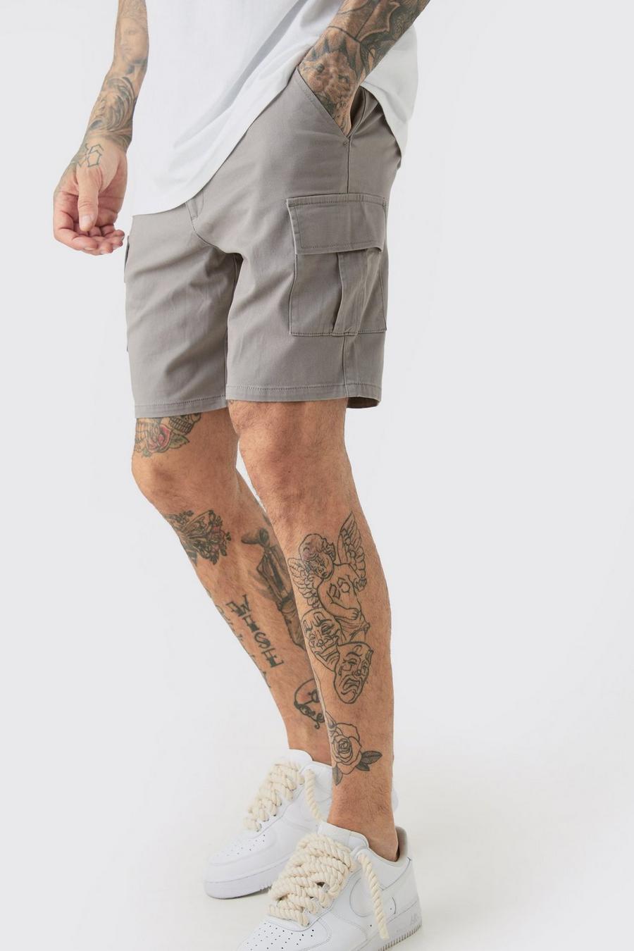 Tall Fixed Waist Grey Skinny Fit Cargo Shorts