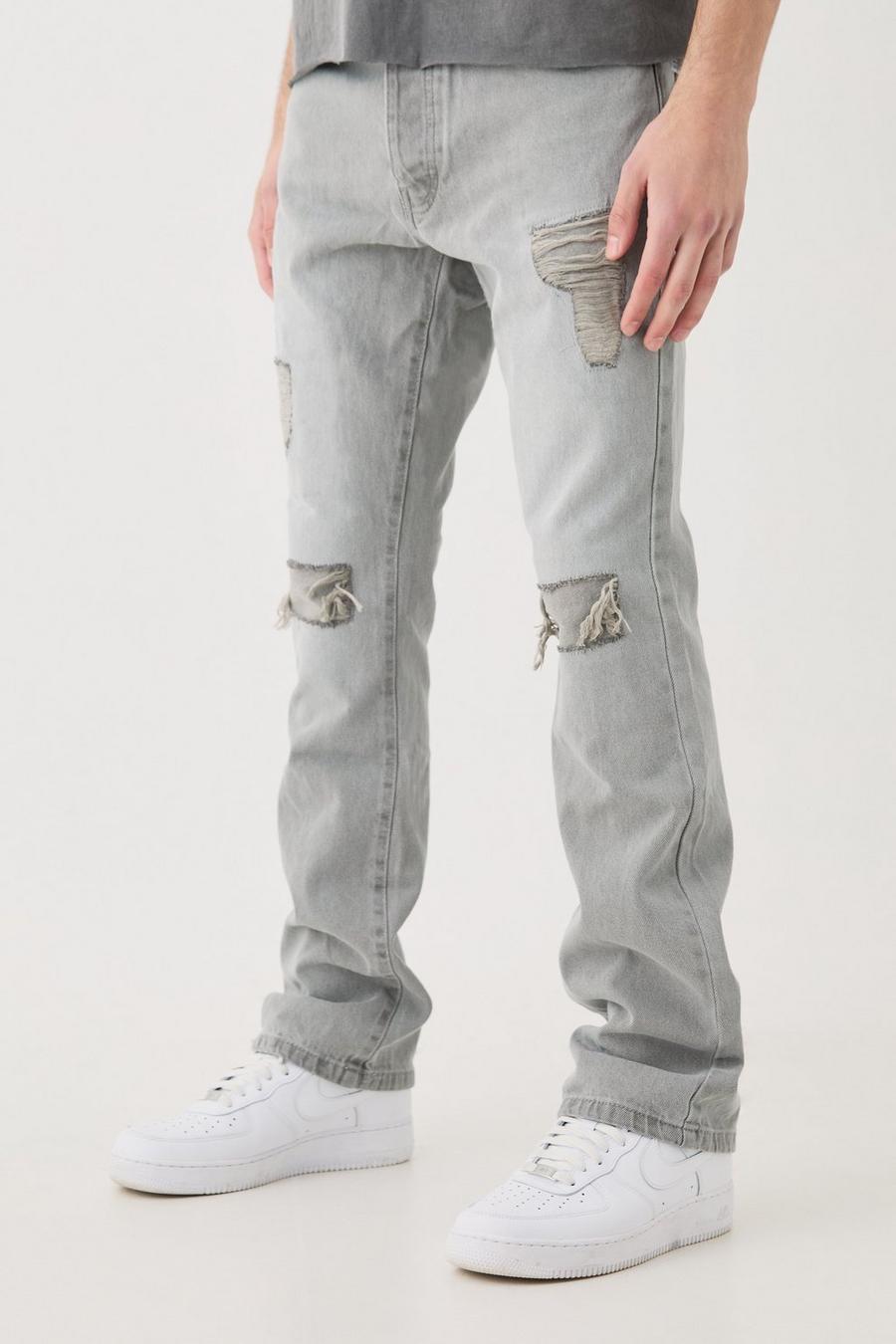 Jeans a zampa Slim Fit con strappi & rattoppi, Light grey image number 1