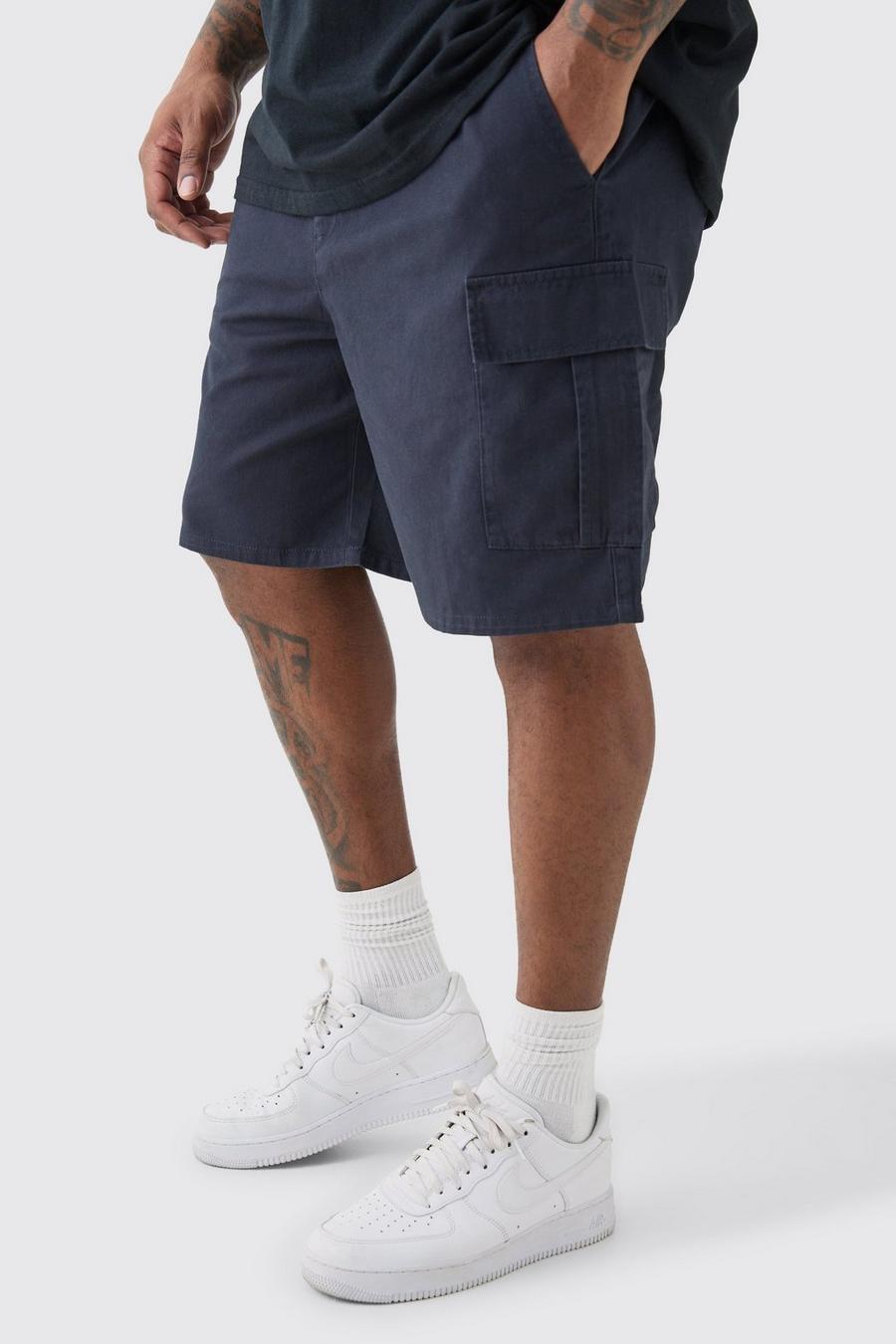 Plus Elasticated Waist Navy Relaxed Fit Cargo Shorts image number 1