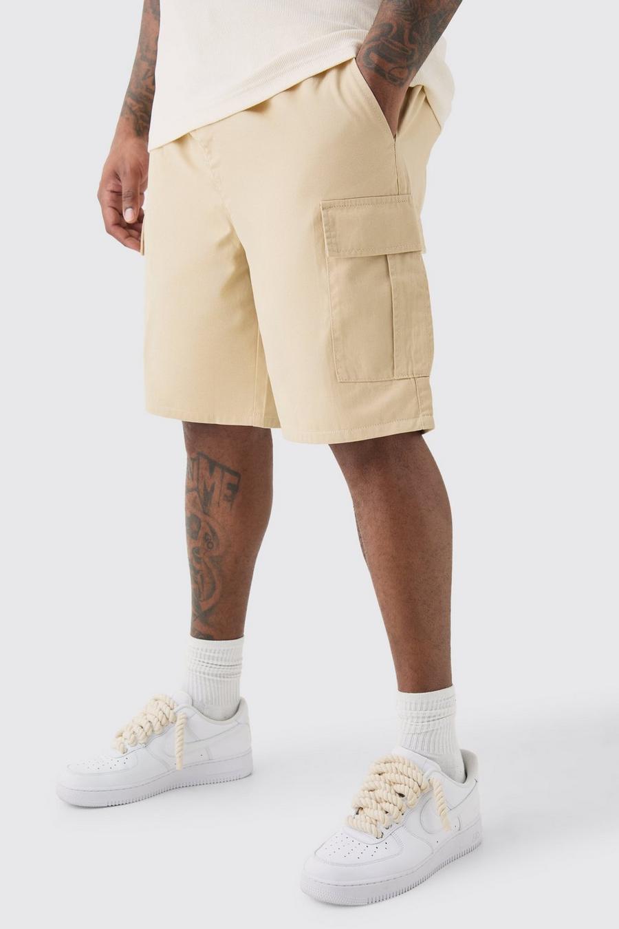 Plus Elastic Waist Stone Relaxed Fit Cargo Shorts