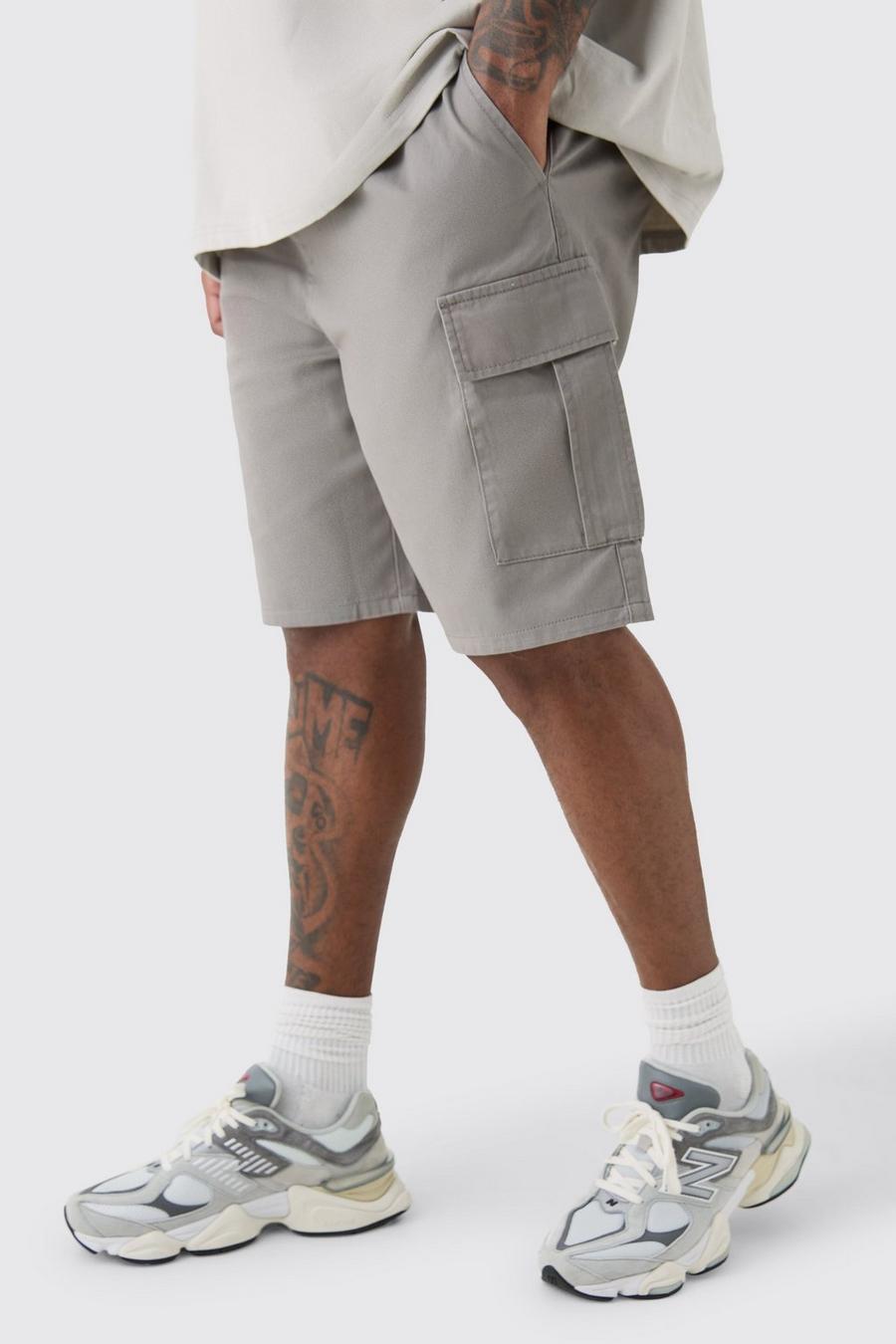 Plus Elasticated Waist Grey Relaxed Fit Cargo Shorts