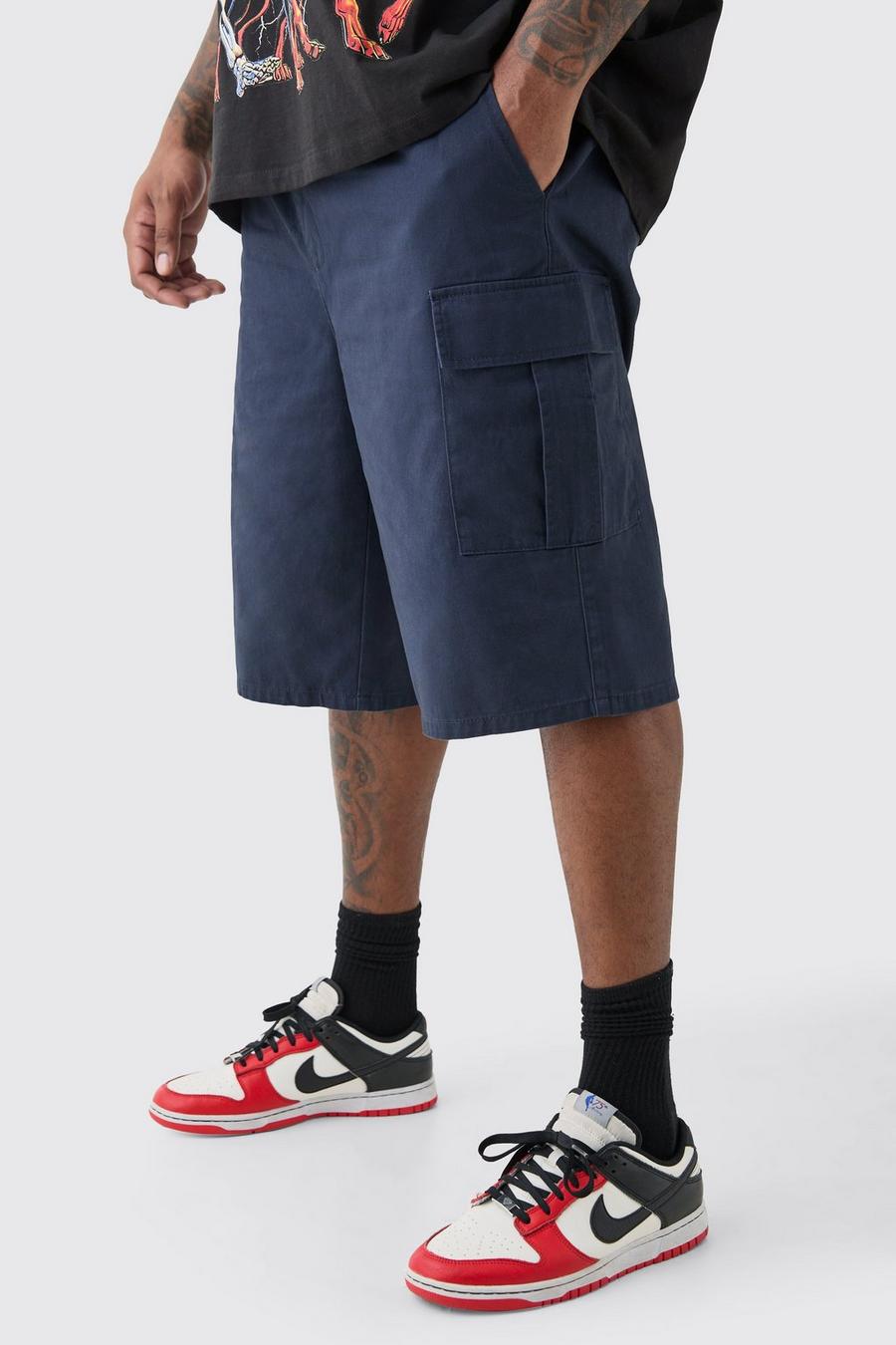 Pantalón corto Plus cargo holgado azul marino con cintura elástica, Navy