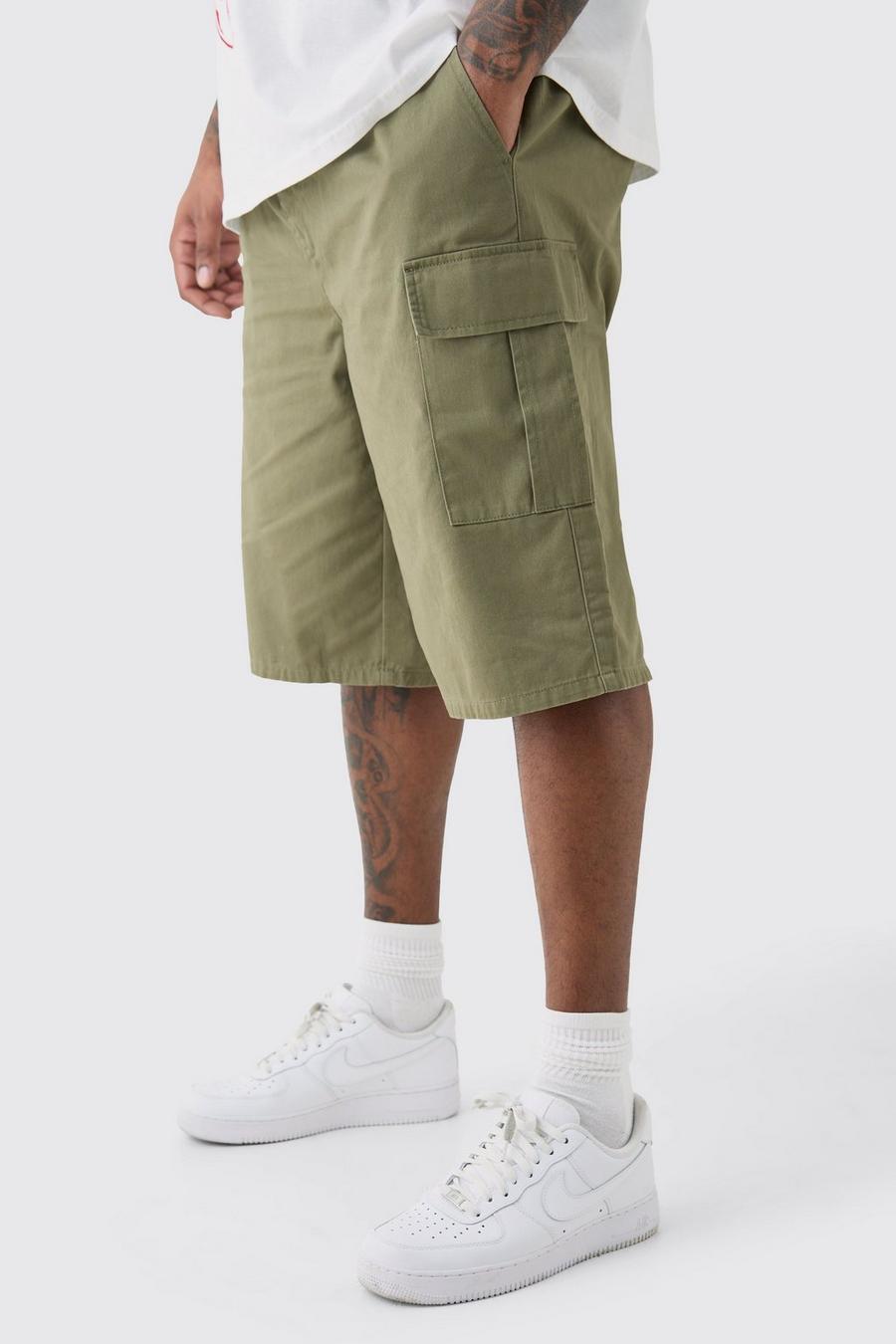 Khaki Plus Lange Kaki Baggy Cargo Shorts Met Elastische Taille