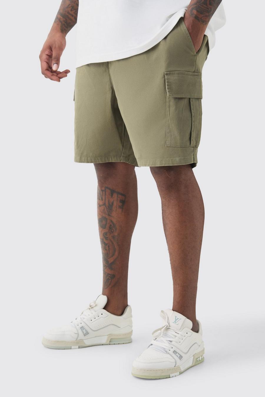 Plus Elastic Waist Khaki Slim Fit Cargo Shorts