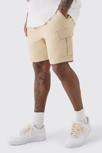 Beige Plus Elasticated Waist Stone Slim Fit Cargo Shorts