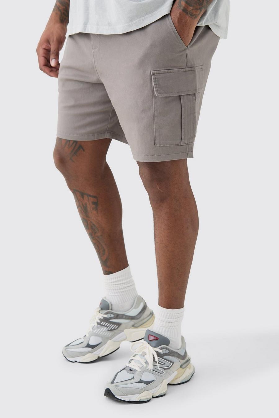 Plus Elastic Waist Grey Slim Fit Cargo Shorts