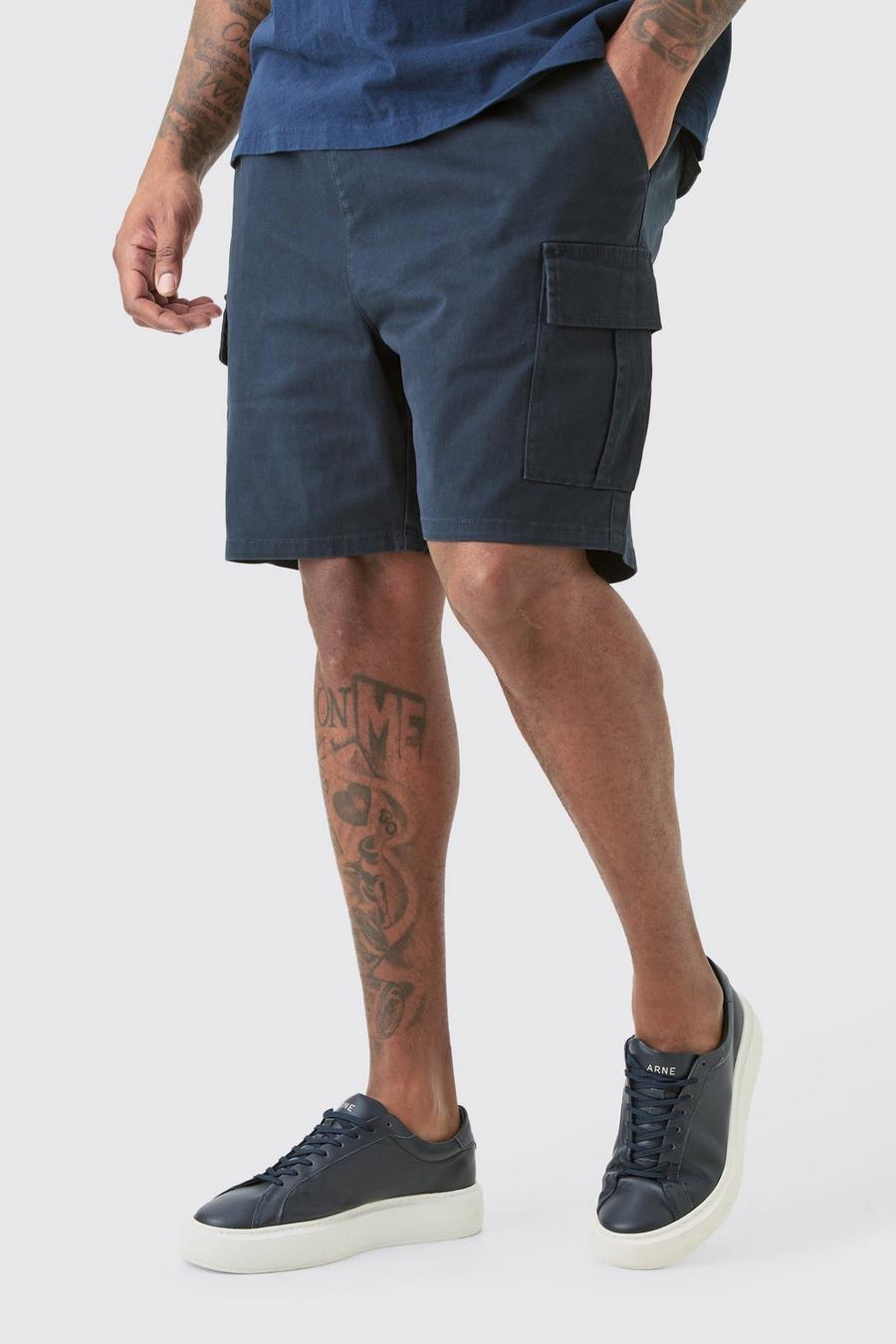 Plus Elastic Waist Navy Skinny Fit Cargo Shorts