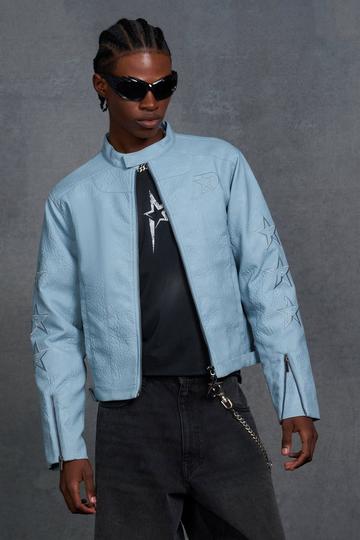 P-Star Boxy Faux Leather Paneled Moto Jacket blue