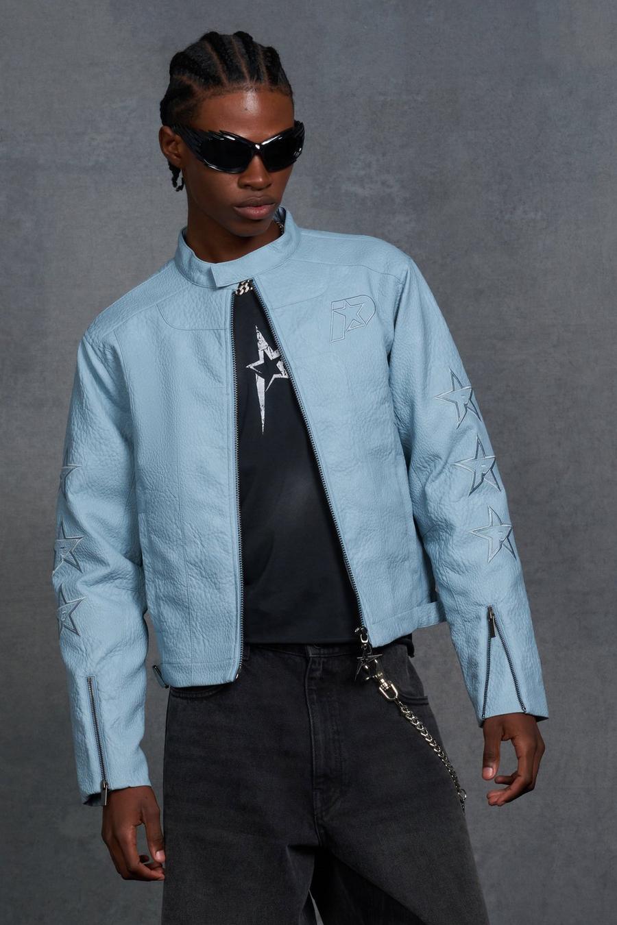 Blue Gunna Boxy Faux Leather Panelled MOTO Jacket image number 1