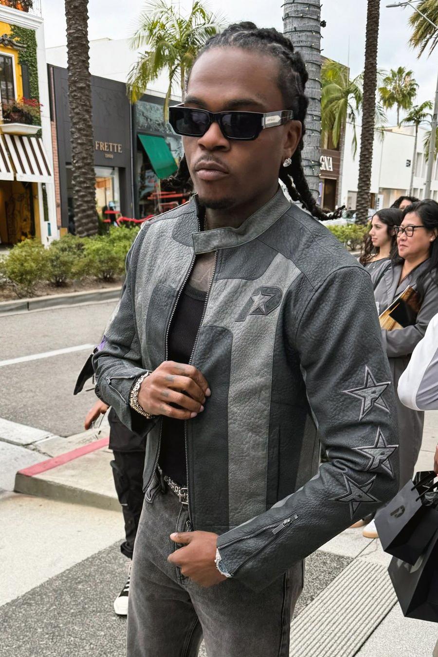 Charcoal Gunna Boxy Faux Leather Panelled MOTO Jacket image number 1