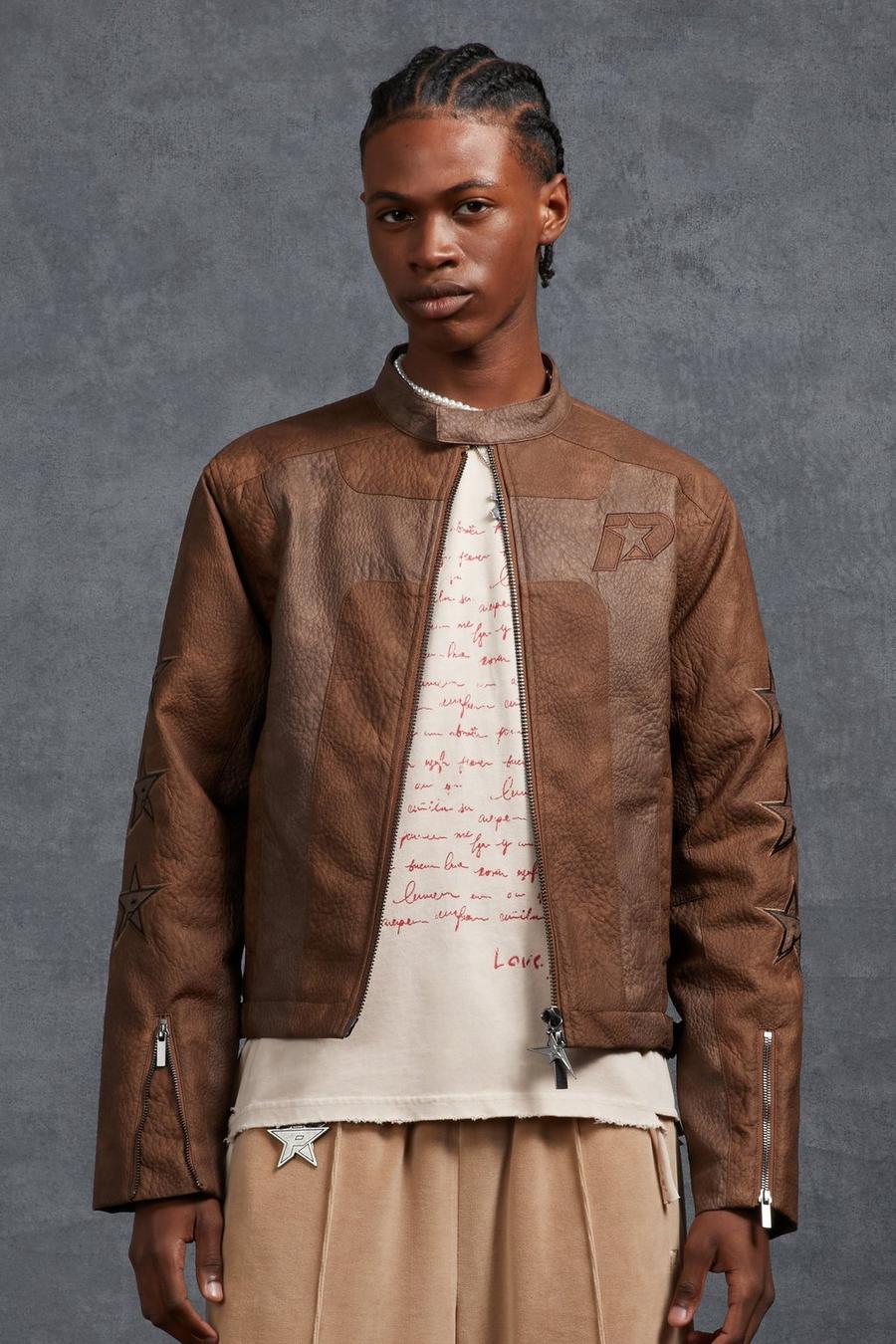 Brown Gunna Boxy Faux Leather Panelled MOTO Jacket image number 1