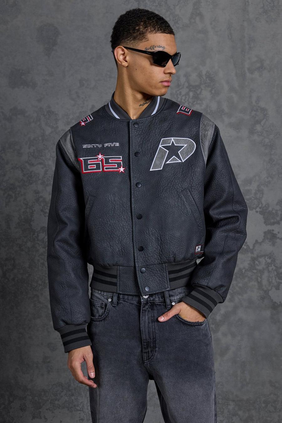 Charcoal Gunna Boxy Faux Leather Applique Bomber Jacket