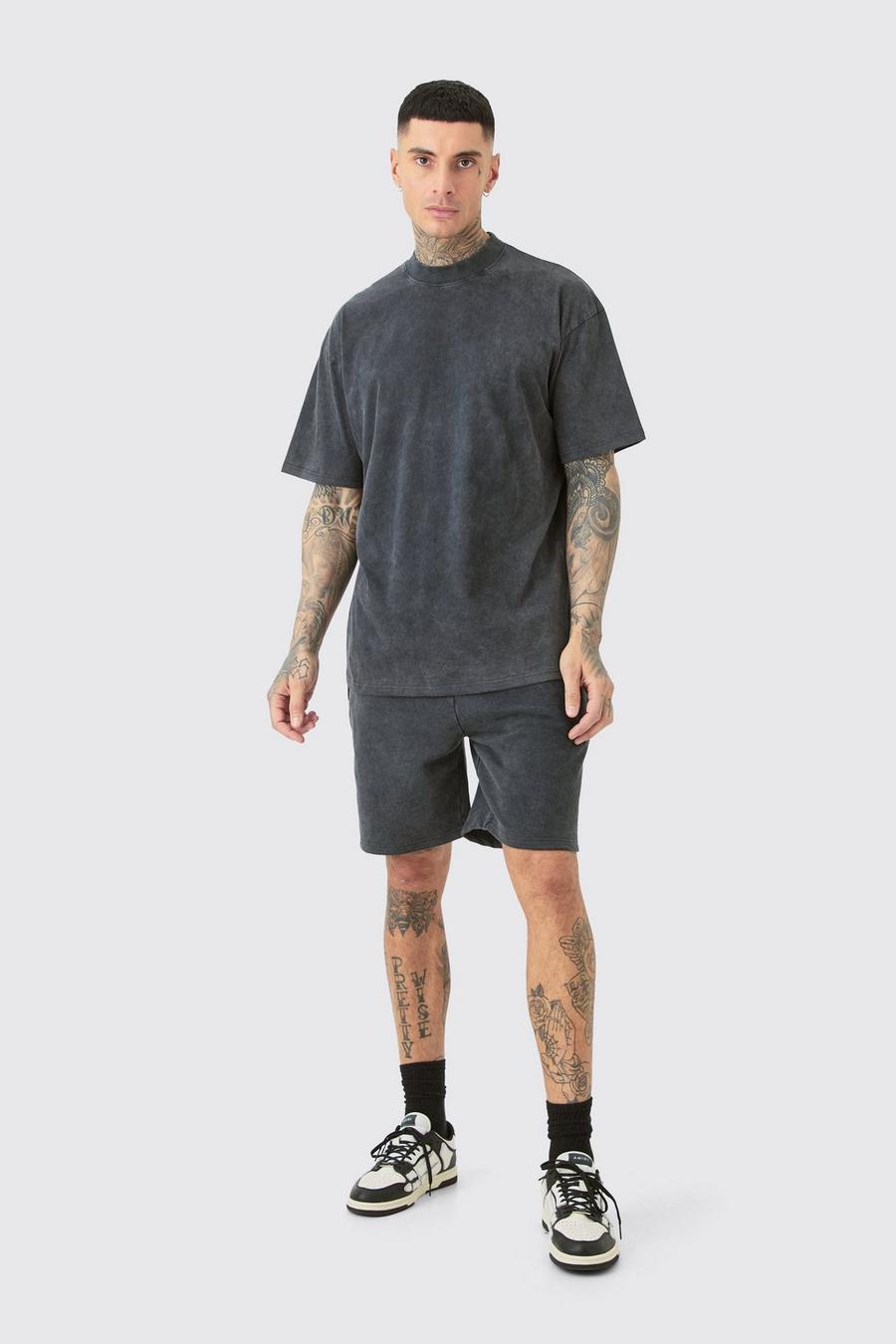 Tall Oversize T-Shirt und Shorts mit Acid-Waschung, Acid wash black
