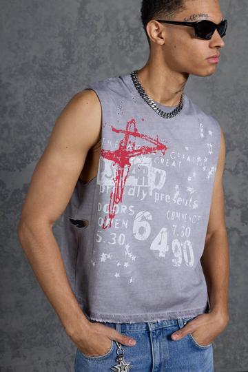 P-Star Oversized Boxy Tank Top with Graffiti Print grey