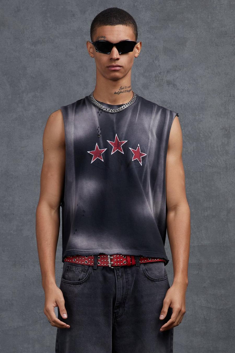 Charcoal Gunna Oversized Washed Boxy Tank Top with Star Print image number 1