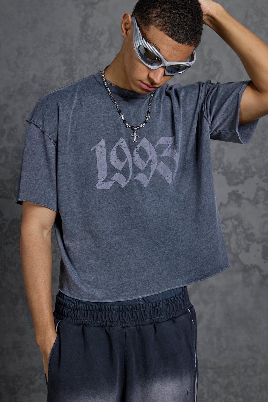 Camiseta oversize recta crop desteñida con mangas casquillo, Charcoal image number 1