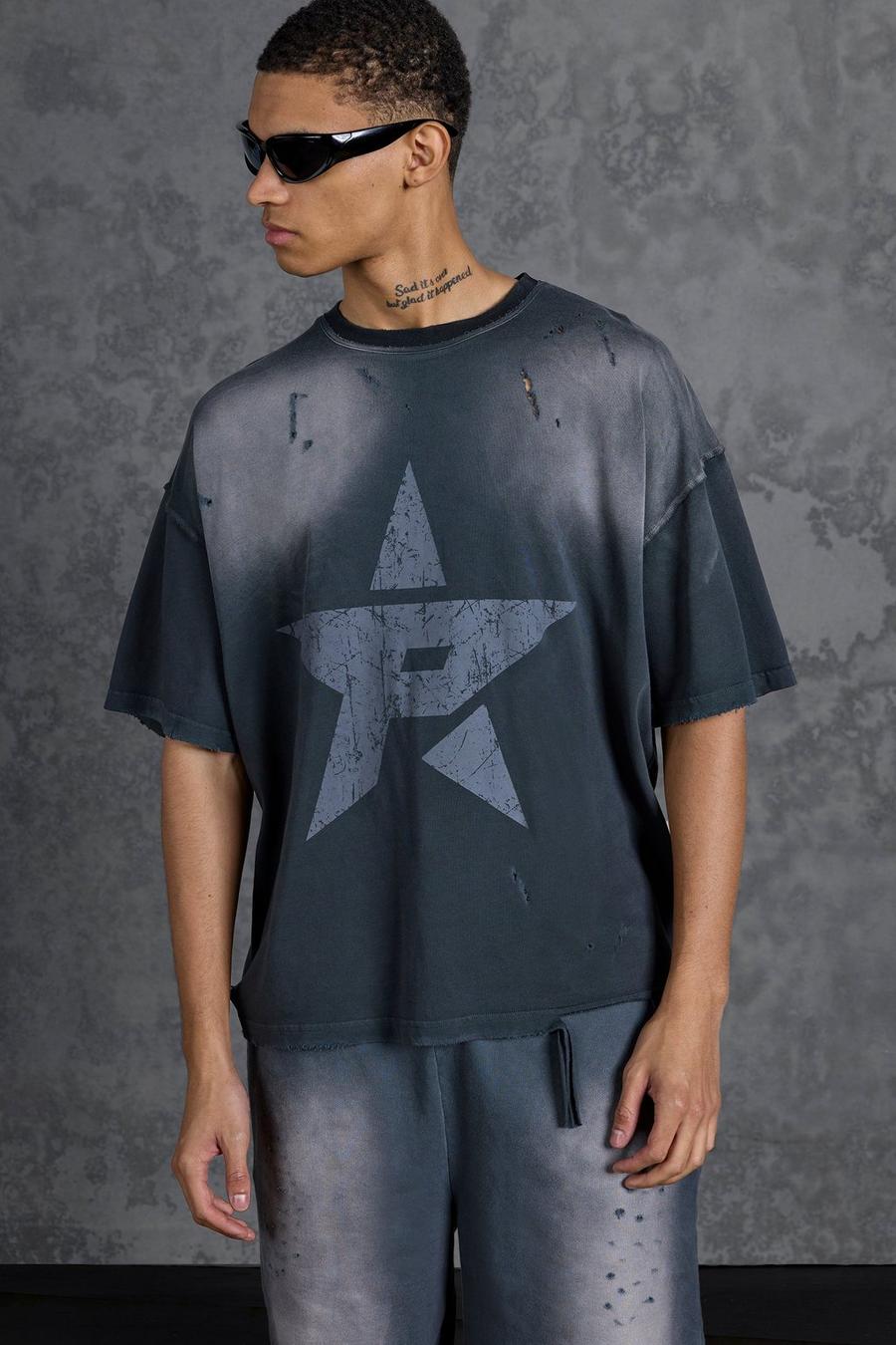 Grey Gunna Oversized Boxy Washed T-Shirt with Star Print image number 1