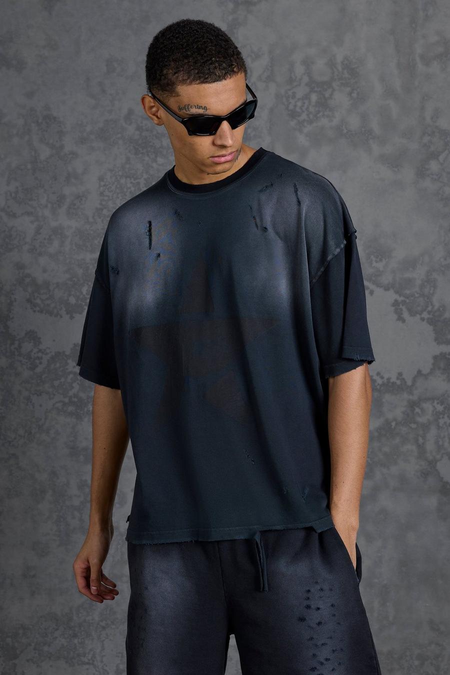 Camiseta oversize recta crop con mangas casquillo y estampado de estrellas, Charcoal image number 1