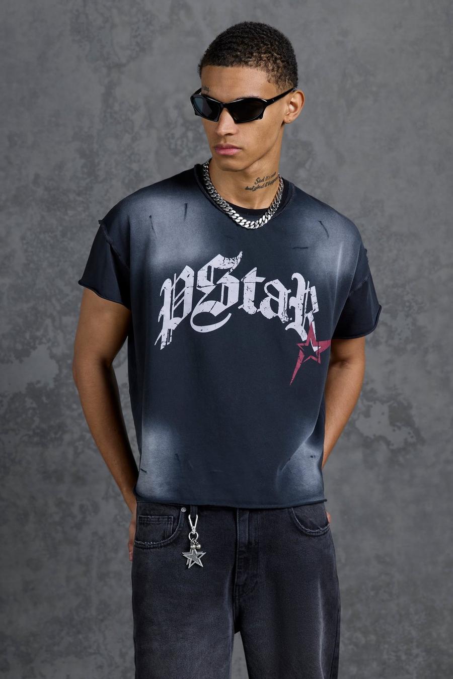Camiseta crop oversize de Gunna con estampado de estrella P, Black image number 1