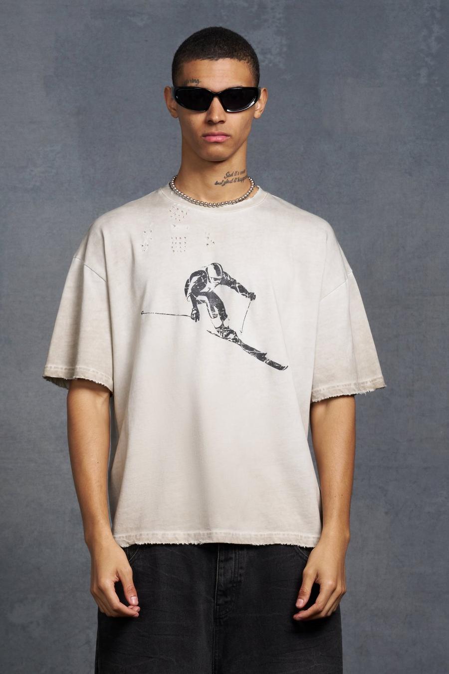 Camiseta oversize recta con estampado de esquí y Gunna, Stone image number 1