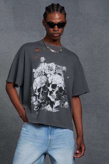 P-Star Oversized Boxy Washed T-Shirt with Skull Print grey