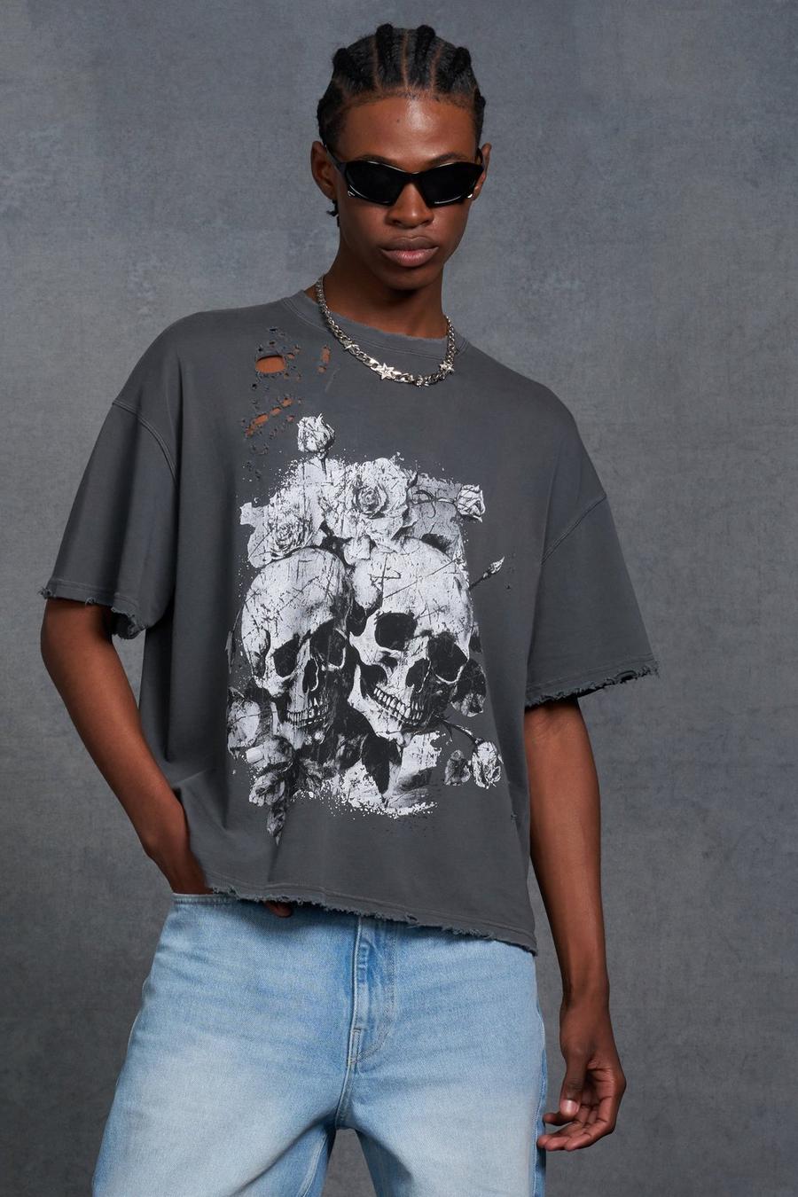 Grey Gunna Oversized Boxy Washed T-Shirt with Skull Print image number 1