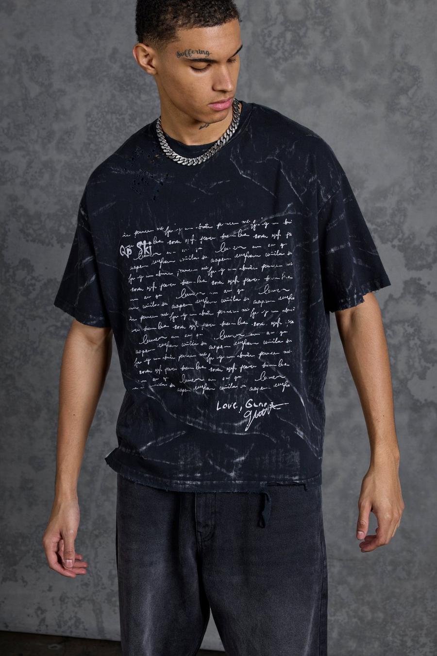 Camiseta oversize desgastada con estampado gráfico de texto, Black image number 1
