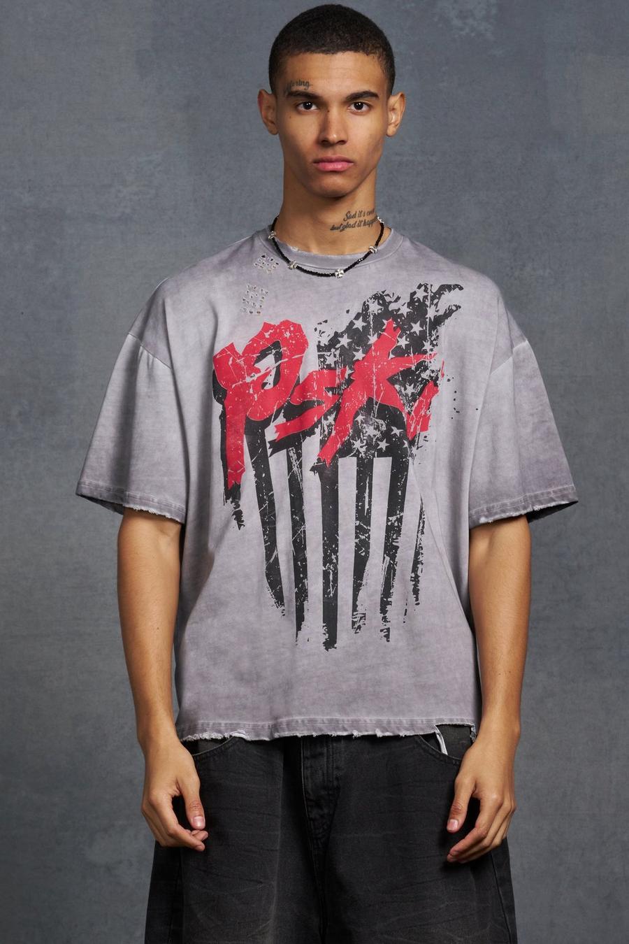 Grey Gunna Oversized Boxy T-Shirt with Flag Print image number 1