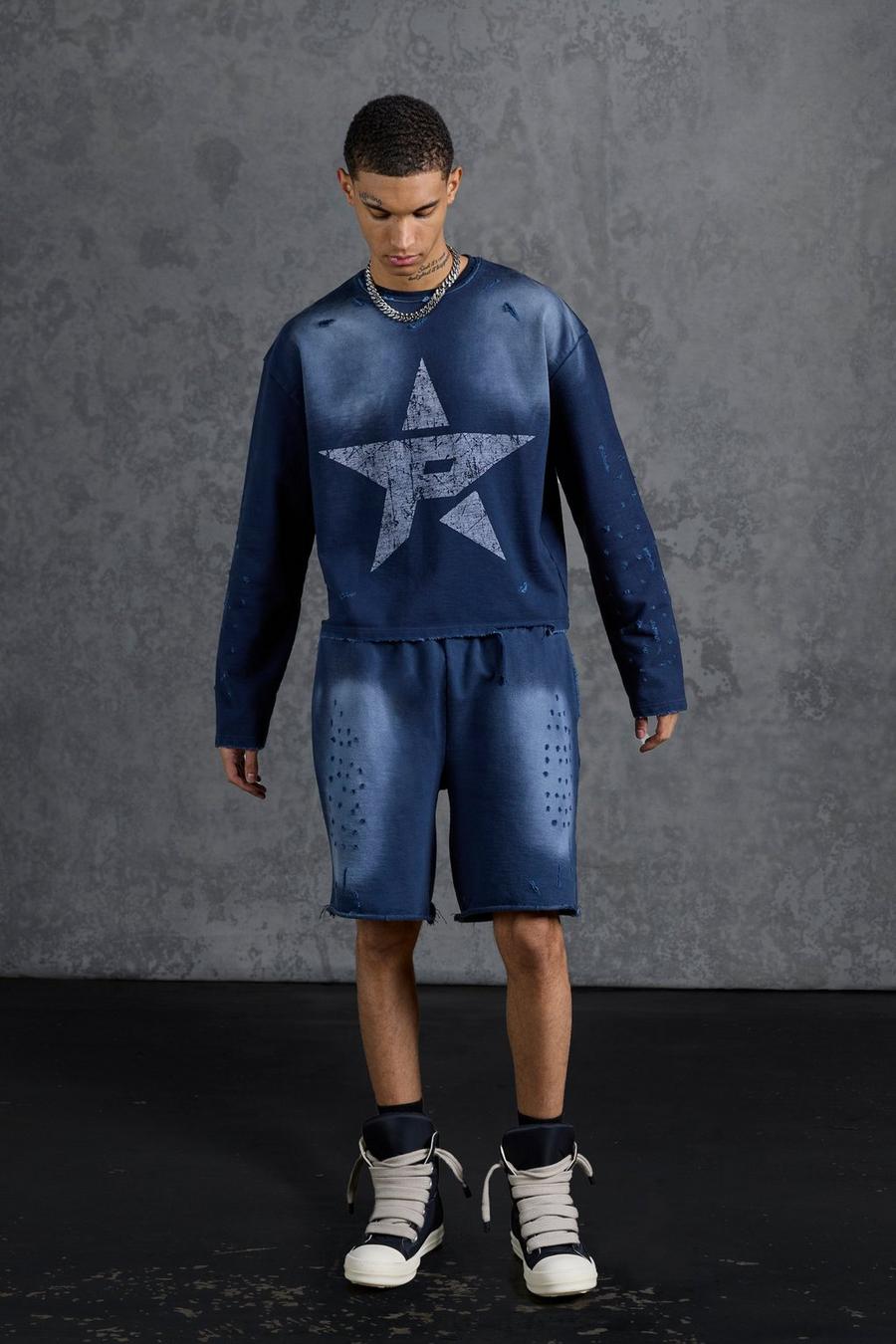 Navy Versleten Baggy Jersey Shorts image number 1