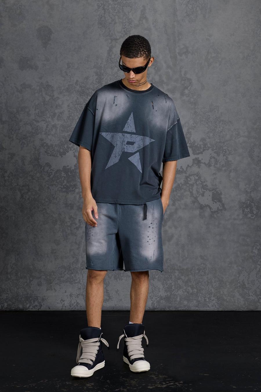 Grey Gunna Loose Fit Washed Jersey Shorts with Distressing image number 1