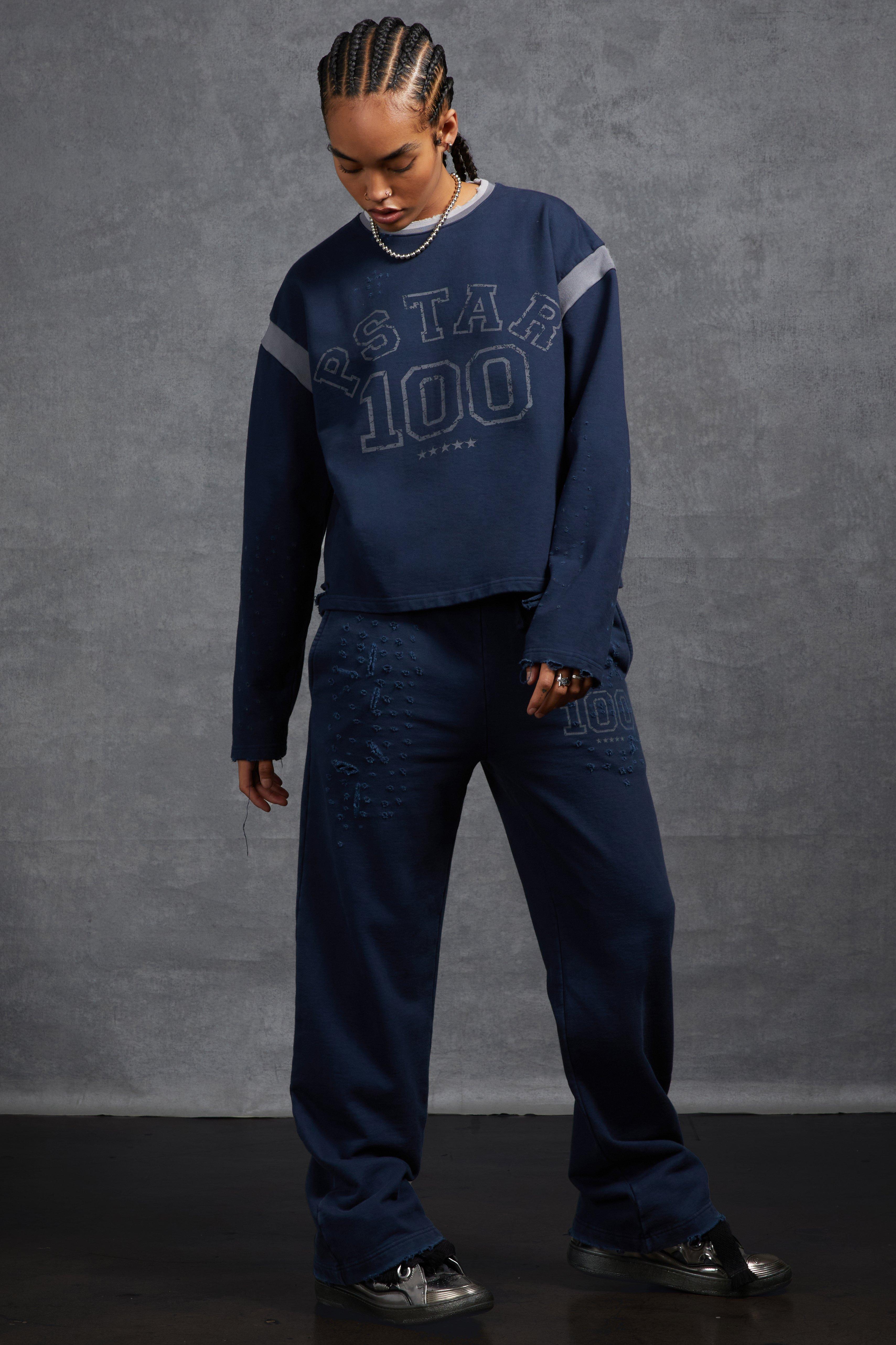 Mens Navy Gunna Slim Fit Flare Joggers with Distressing