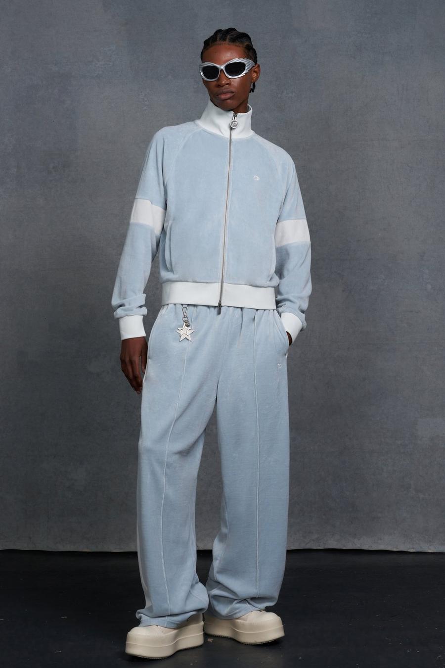 Pantalón deportivo de terciopelo y pernera ancha, Light blue image number 1