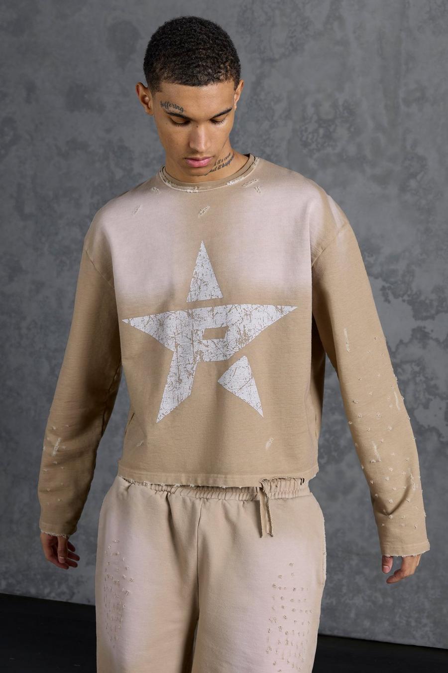 Taupe Gunna Oversized Cropped Sweatshirt with Star Print