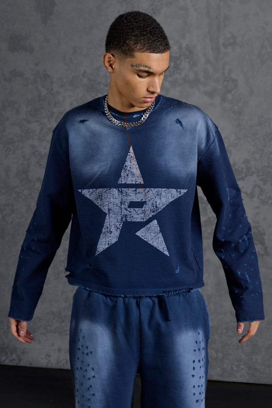 Navy Gunna Oversized Cropped Sweatshirt with Star Print image number 1