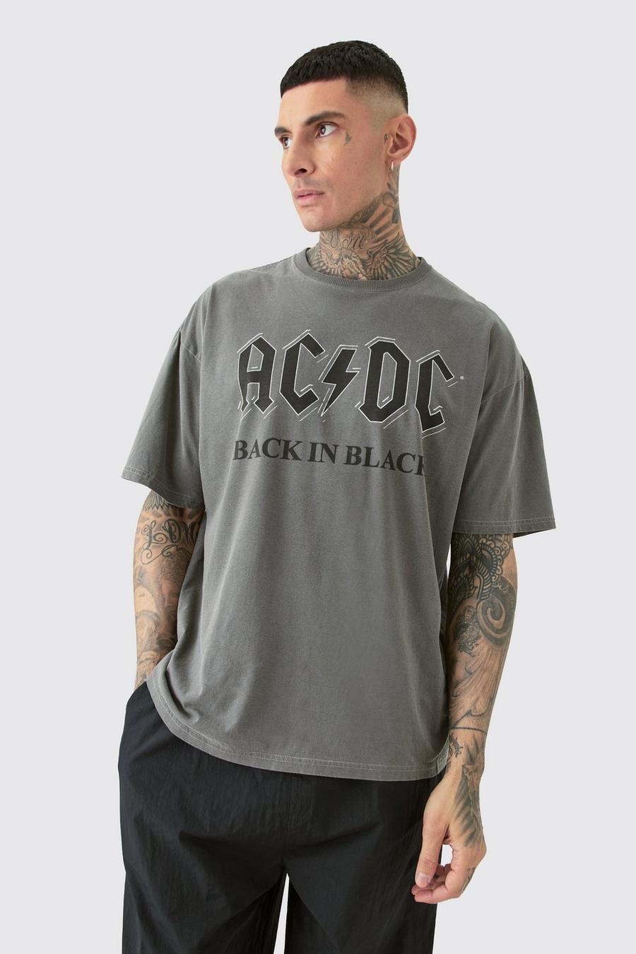 Grey Tall Oversized Gelicenseerd Acid Wash Gebleekt Acdc T-Shirt image number 1