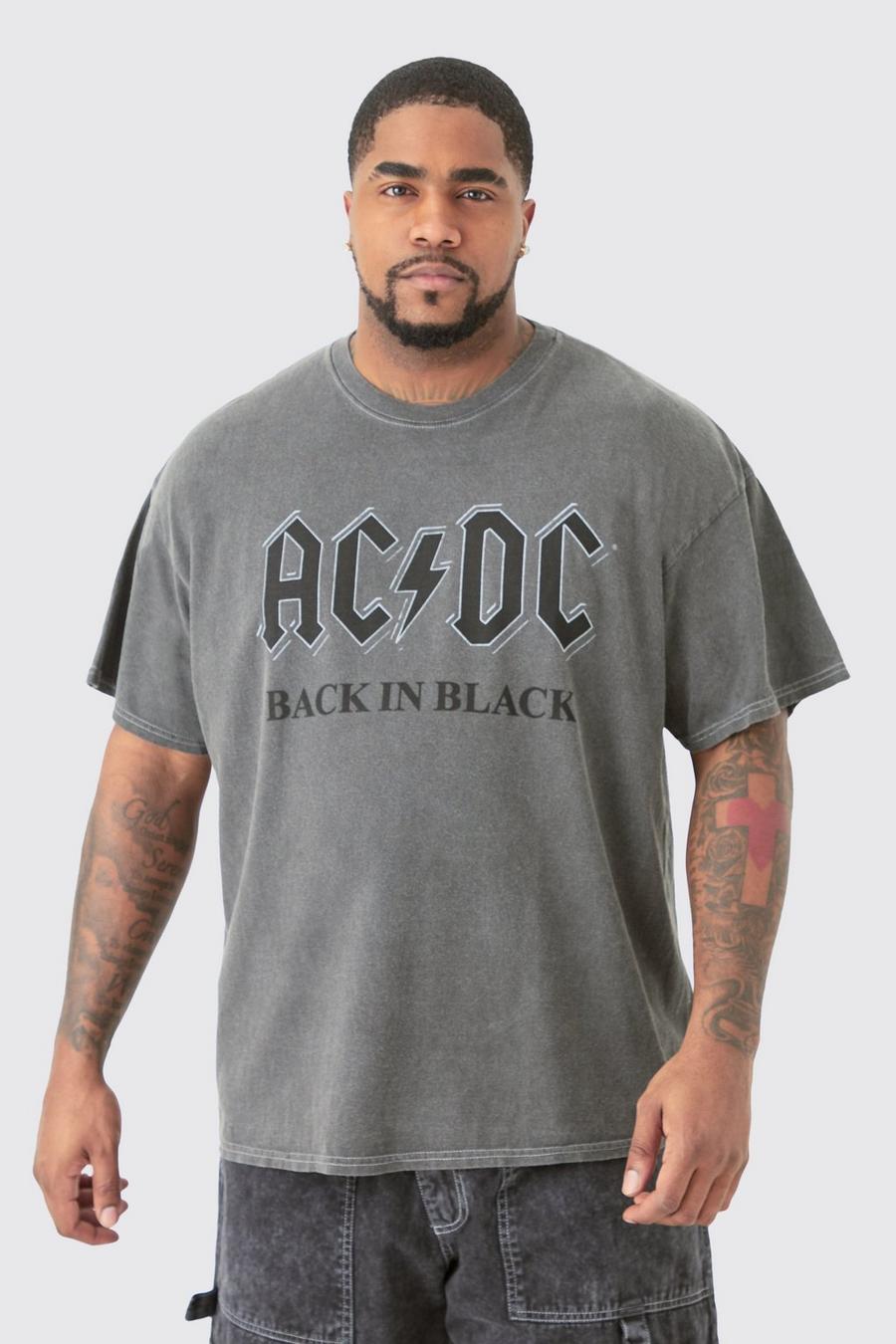Plus Oversize T-Shirt mit Acid-Waschung und Acdc-Print, Grey